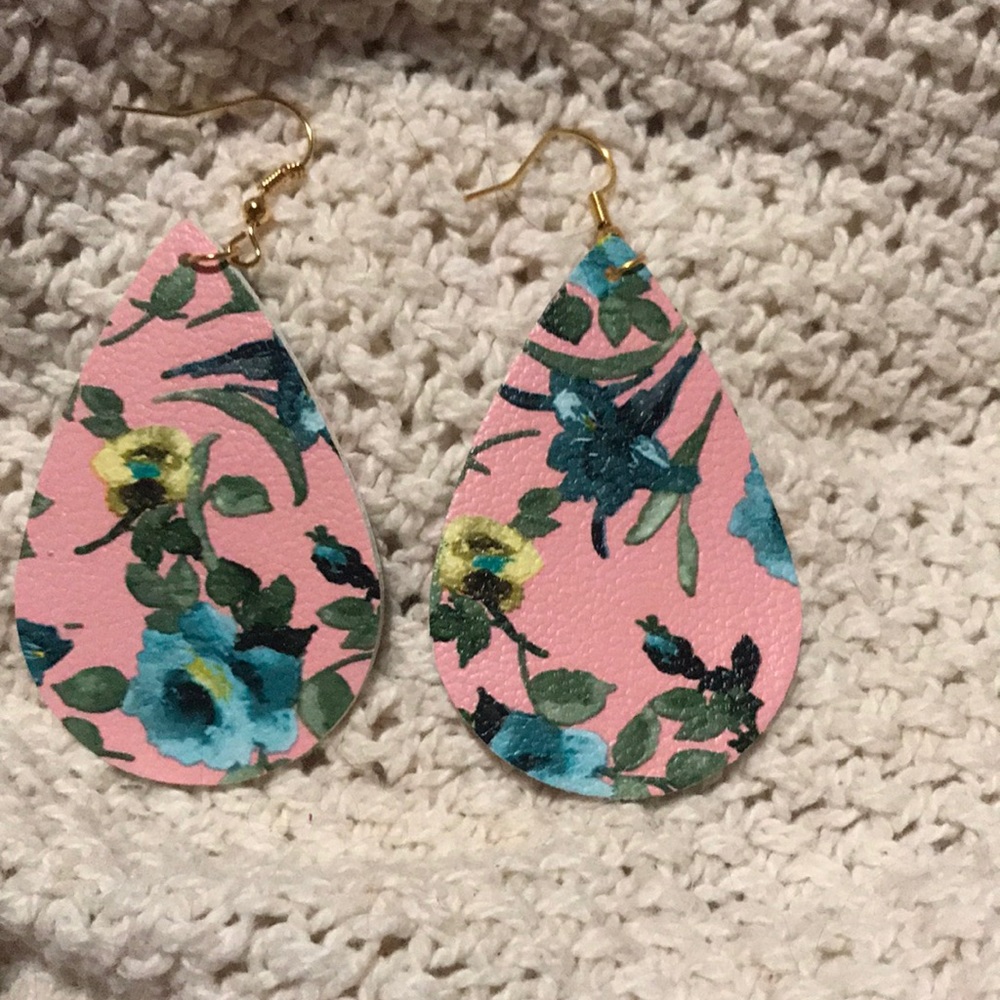 3/$20Teal floral faux leather earrings